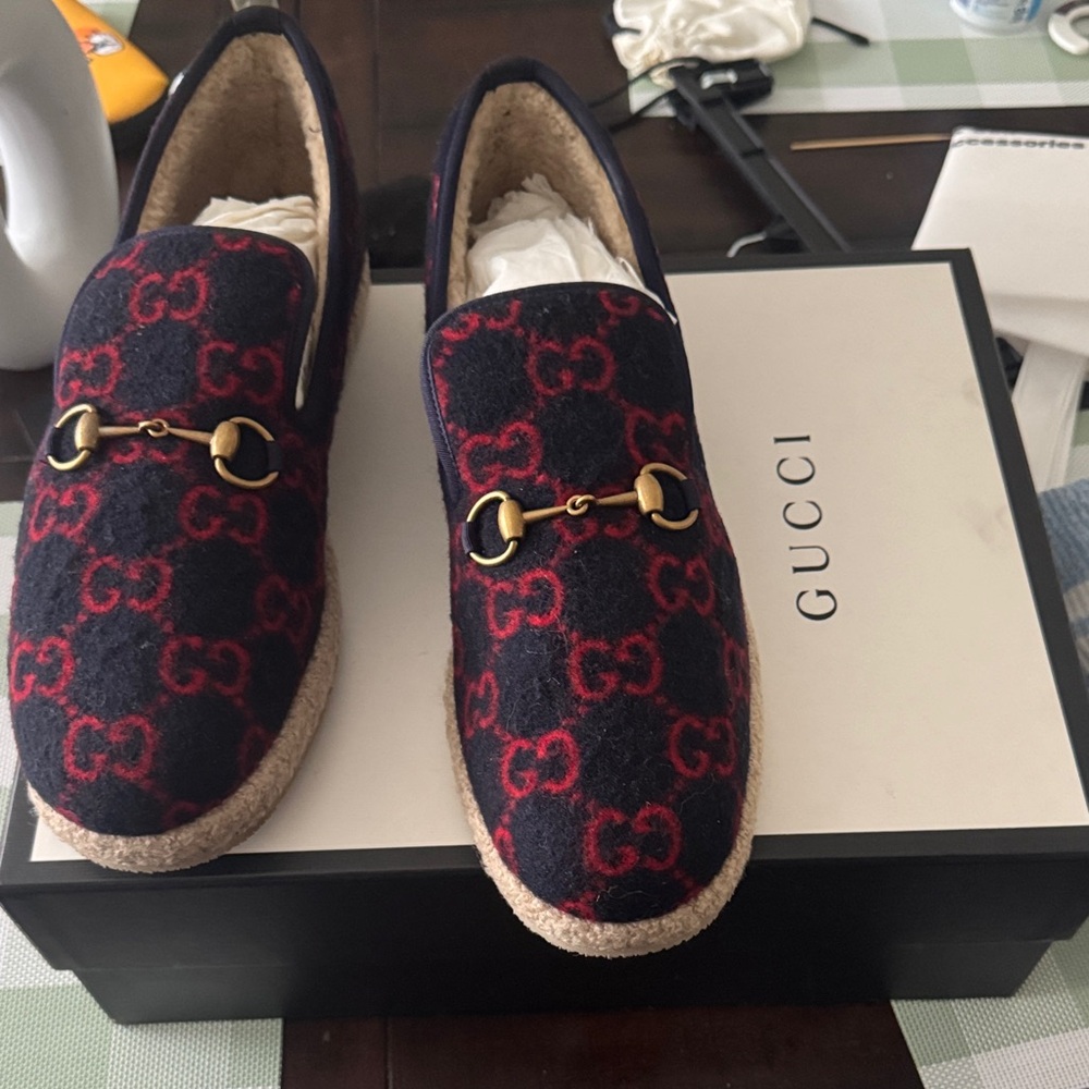 Gucci Navy and Red Wool Loafers